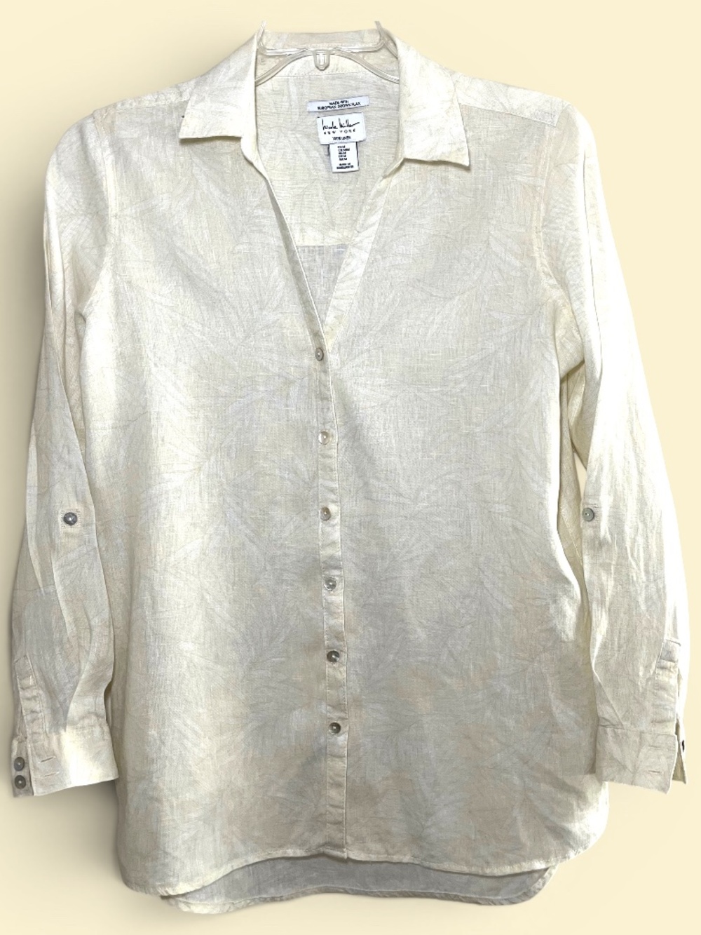 Nicole Miller Linen Shadow Printed Yellow Floral Blouse Size M